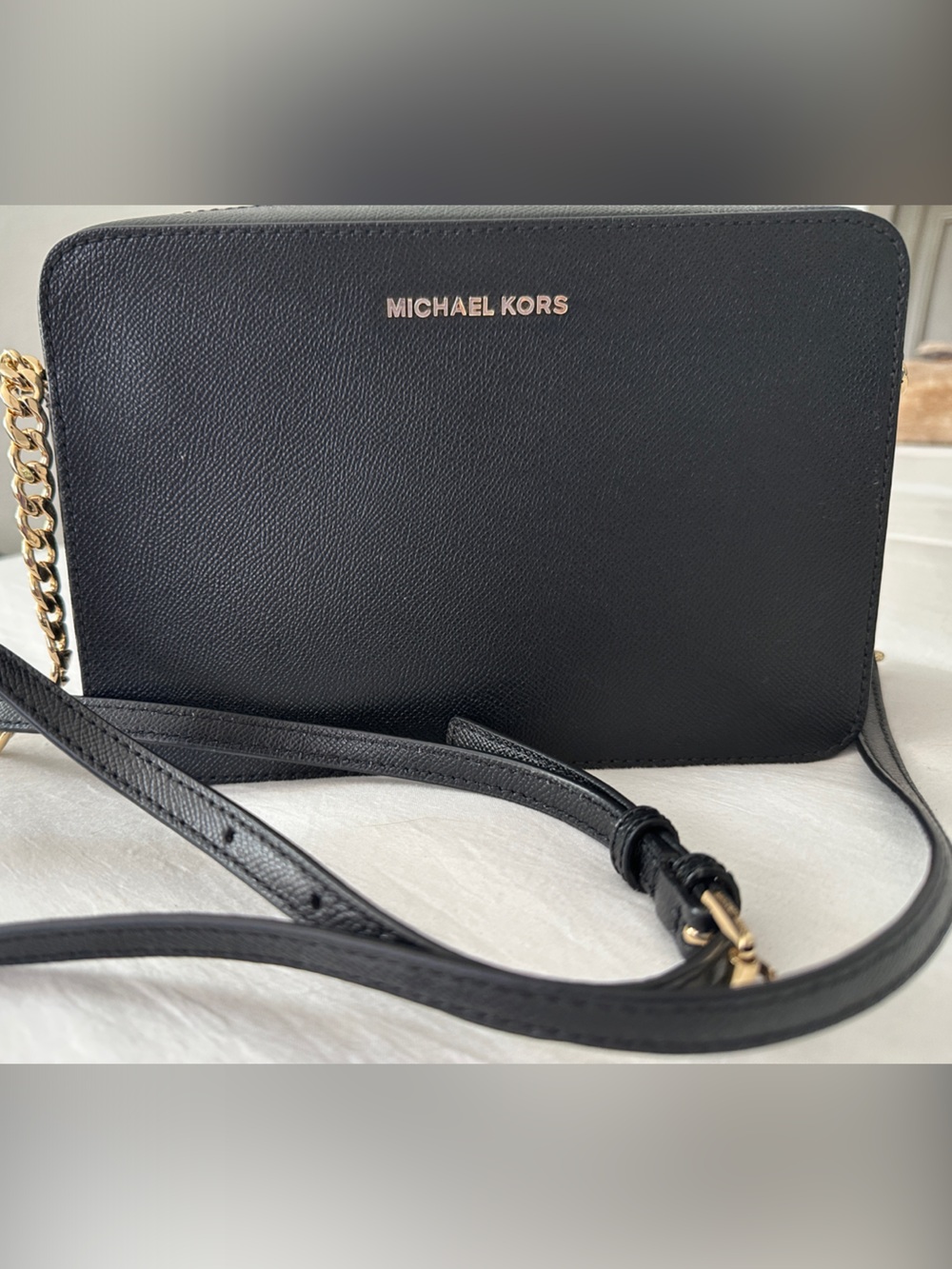 Michael Kors Black Leather Crossbody with Gold Chain Detail